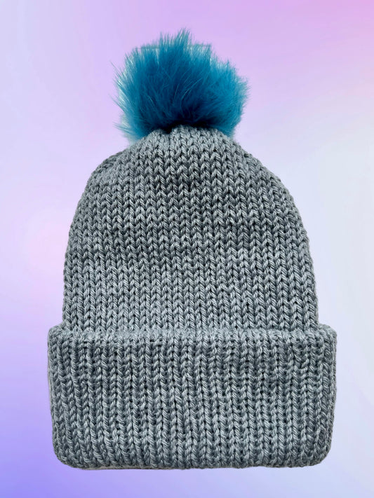 Tan and Teal Pom Pom Knit Beanie