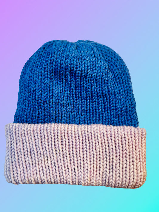 Blue and Lavender Reversible Knit Beanie